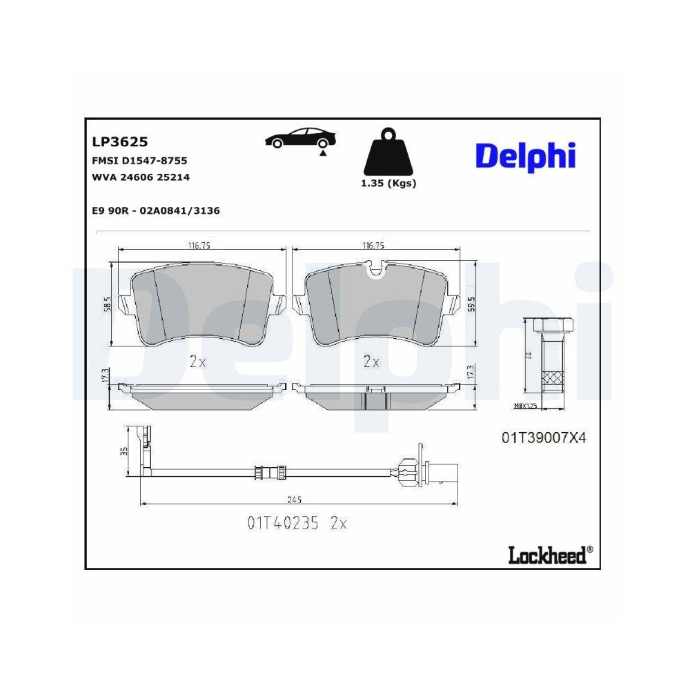 DELPHI LP3625 Bremsbelagsatz, Scheibenbremse f&uuml;r AUDI, Hinterachse