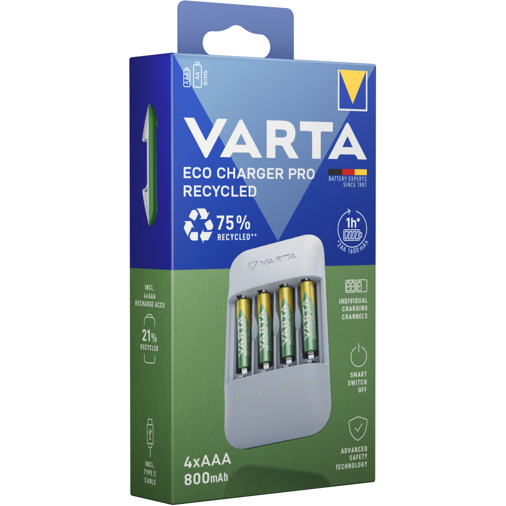VARTA Eco Charger Pro Recycled Ladegerät & 4x AAA Batterien 800 mAh Box