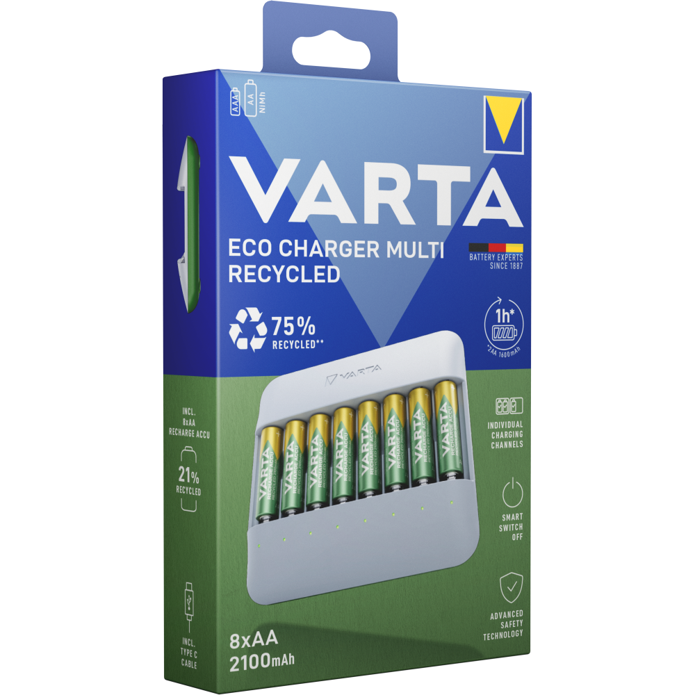 VARTA Eco Charger Multi Recycled Ladegerät & 8x AA Batterien 2100 mAh Box