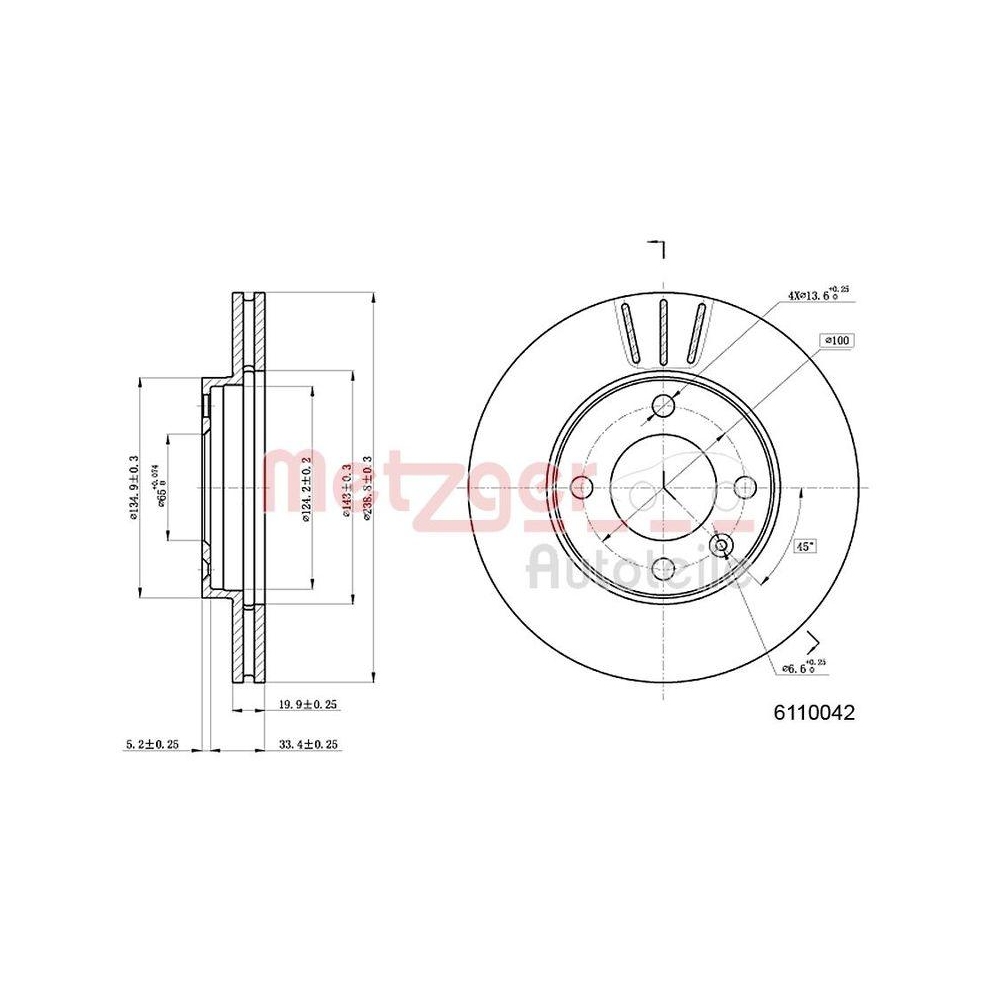 Bremsscheibe METZGER 6110042 f&uuml;r VAG, Vorderachse links, Vorderachse rechts