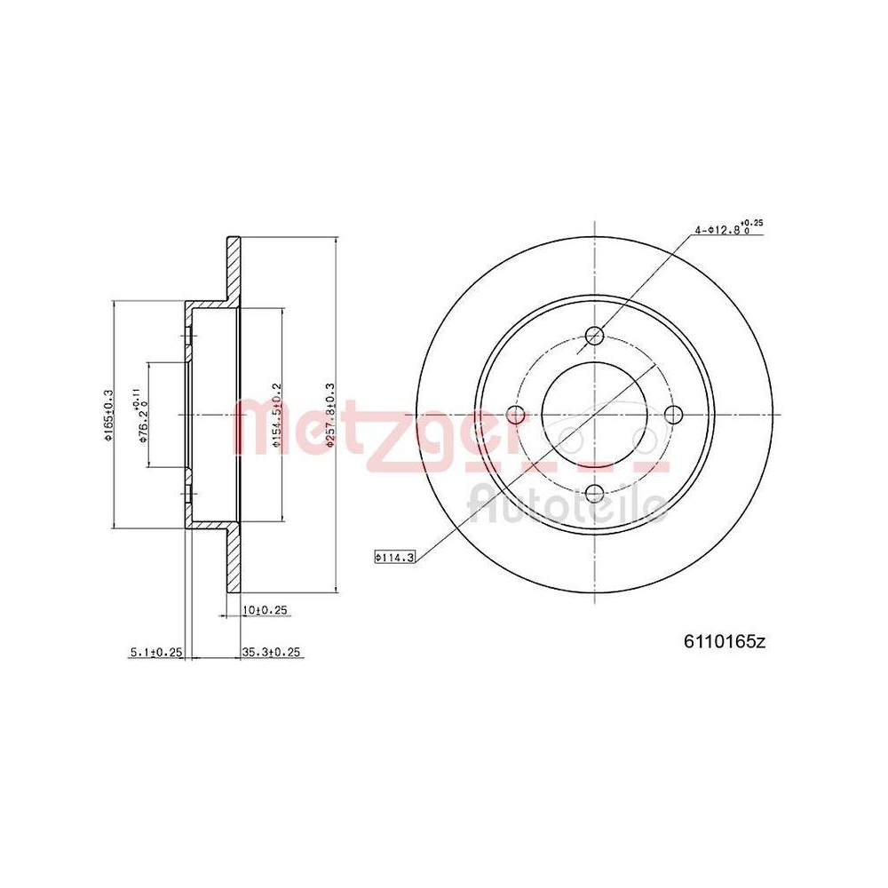 Bremsscheibe METZGER 6110165 f&uuml;r HYUNDAI HUALI, Hinterachse