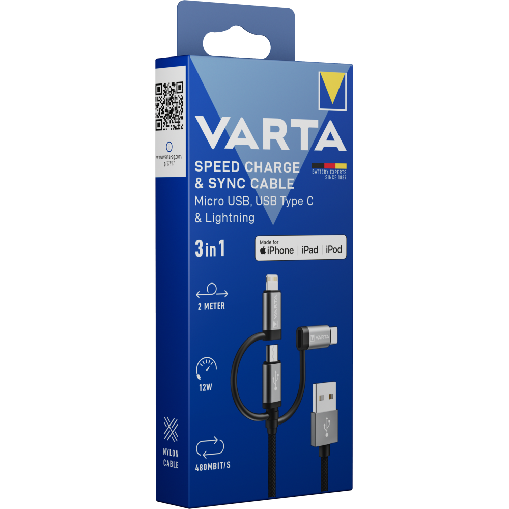 VARTA Speed Charge & Sync Kabel: 3in1 USB A Lightning/Micro/Type C Box Ladekabel