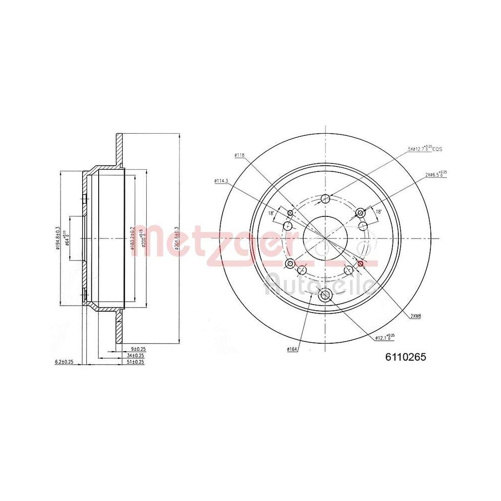 Bremsscheibe METZGER 6110265 f&uuml;r HONDA, Hinterachse