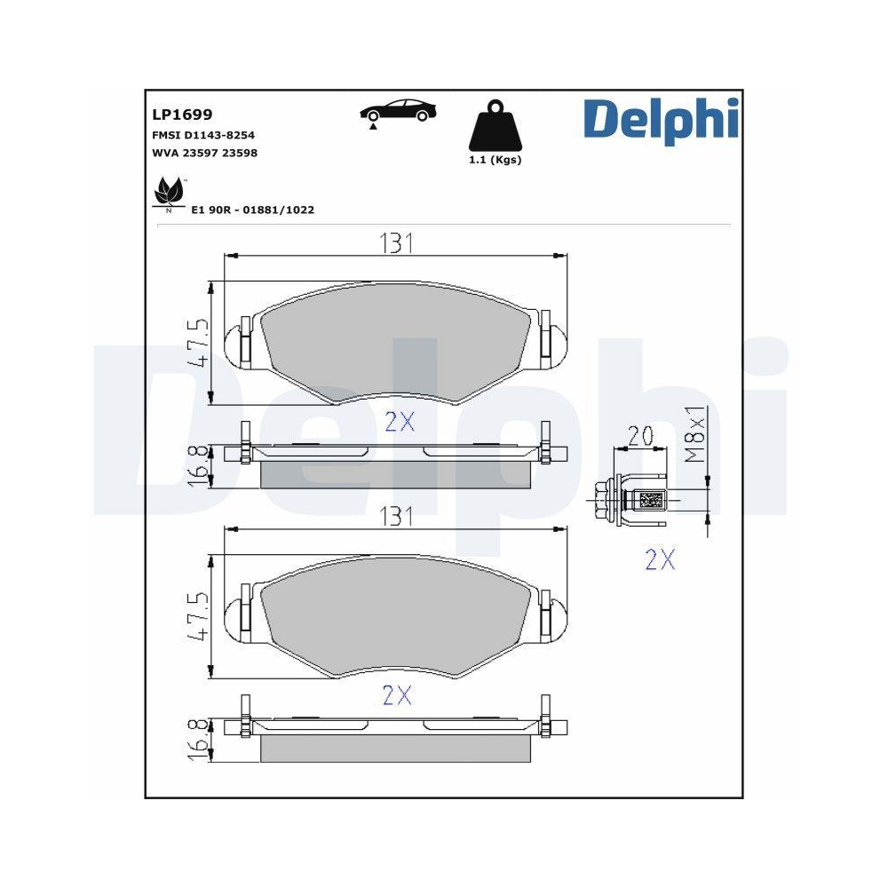 DELPHI LP1699 Bremsbelagsatz, Scheibenbremse f&uuml;r PEUGEOT, Vorderachse