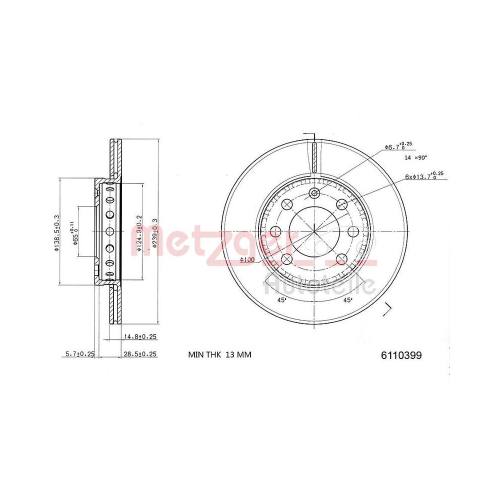 Bremsscheibe METZGER 6110399 für VAG, Vorderachse links, Vorderachse rechts