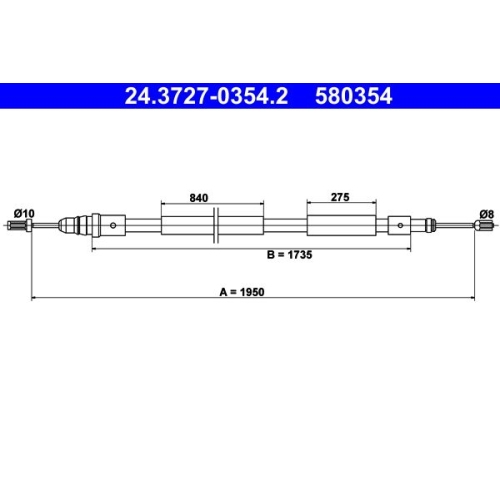 Seilzug, Feststellbremse ATE 24.3727-0354.2 f&uuml;r CITRO&Euml;N, hinten rechts