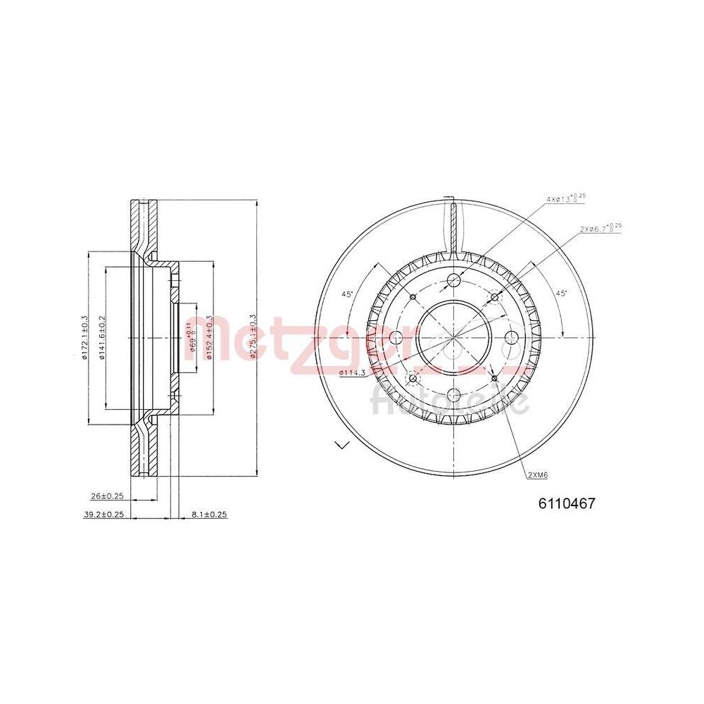 Bremsscheibe METZGER 6110467 f&uuml;r KIA, Vorderachse