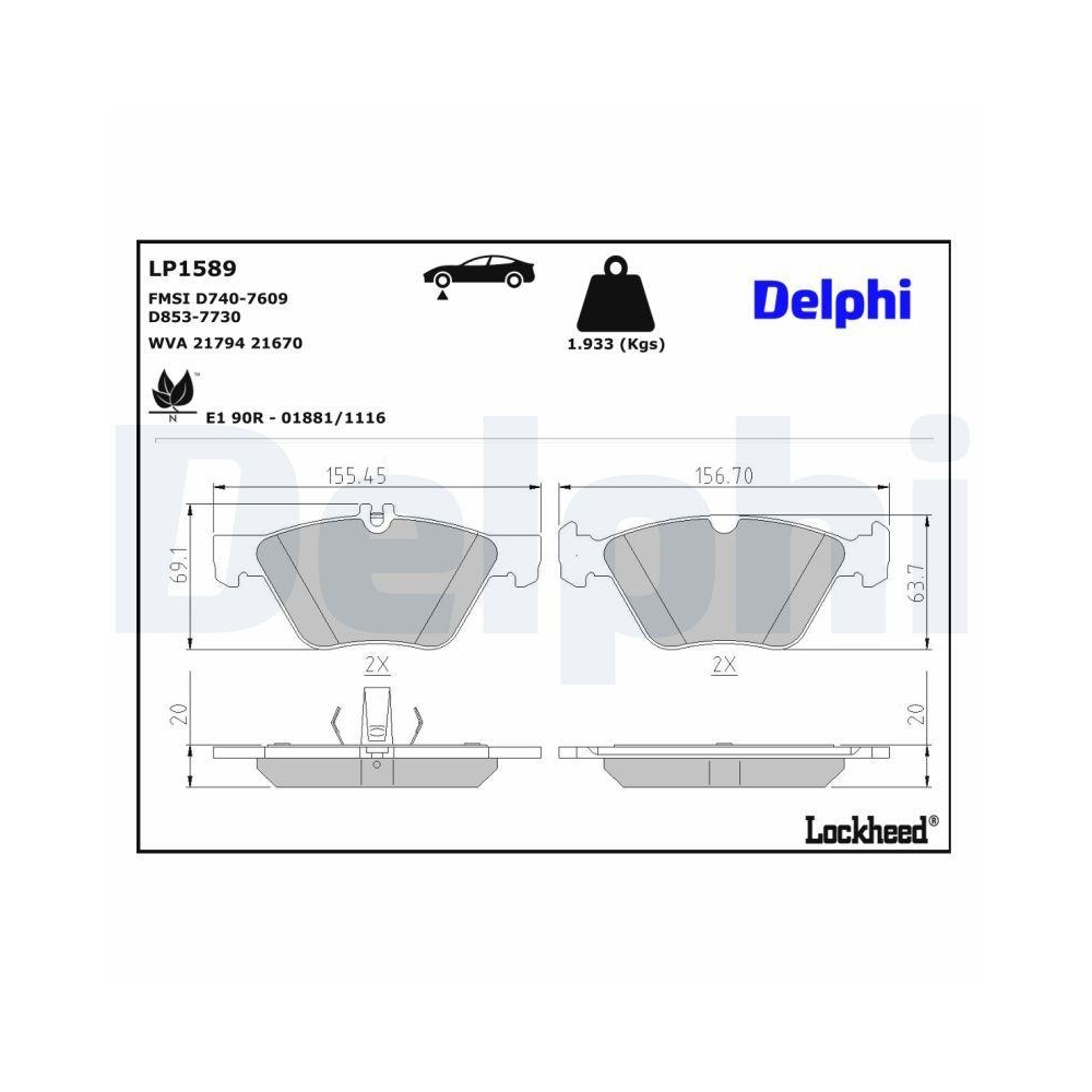 DELPHI LP1589 Bremsbelagsatz, Scheibenbremse f&uuml;r CHRYSLER MERCEDES-BENZ