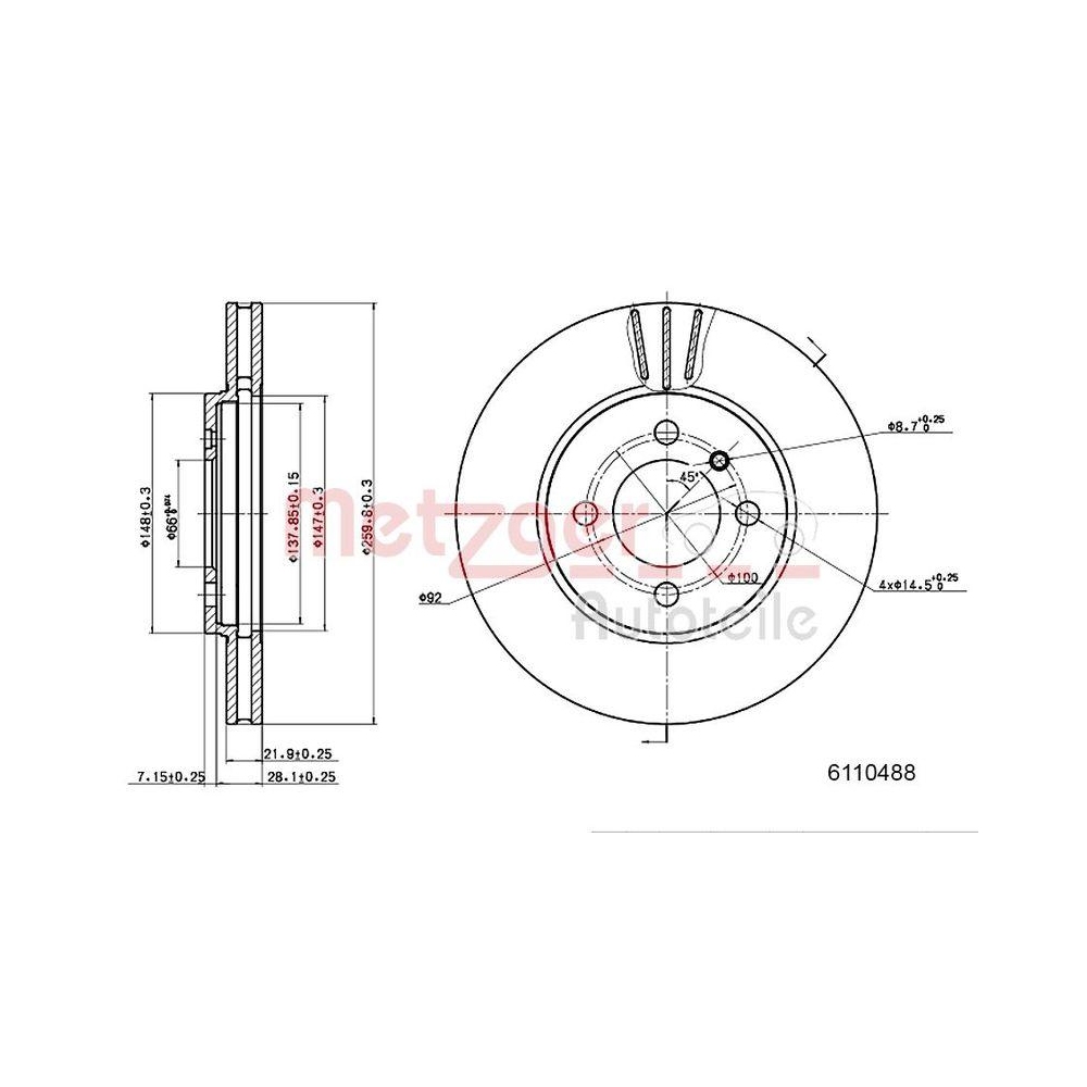 Bremsscheibe METZGER 6110488 f&uuml;r BMW MINI, Vorderachse links, Vorderachse rechts
