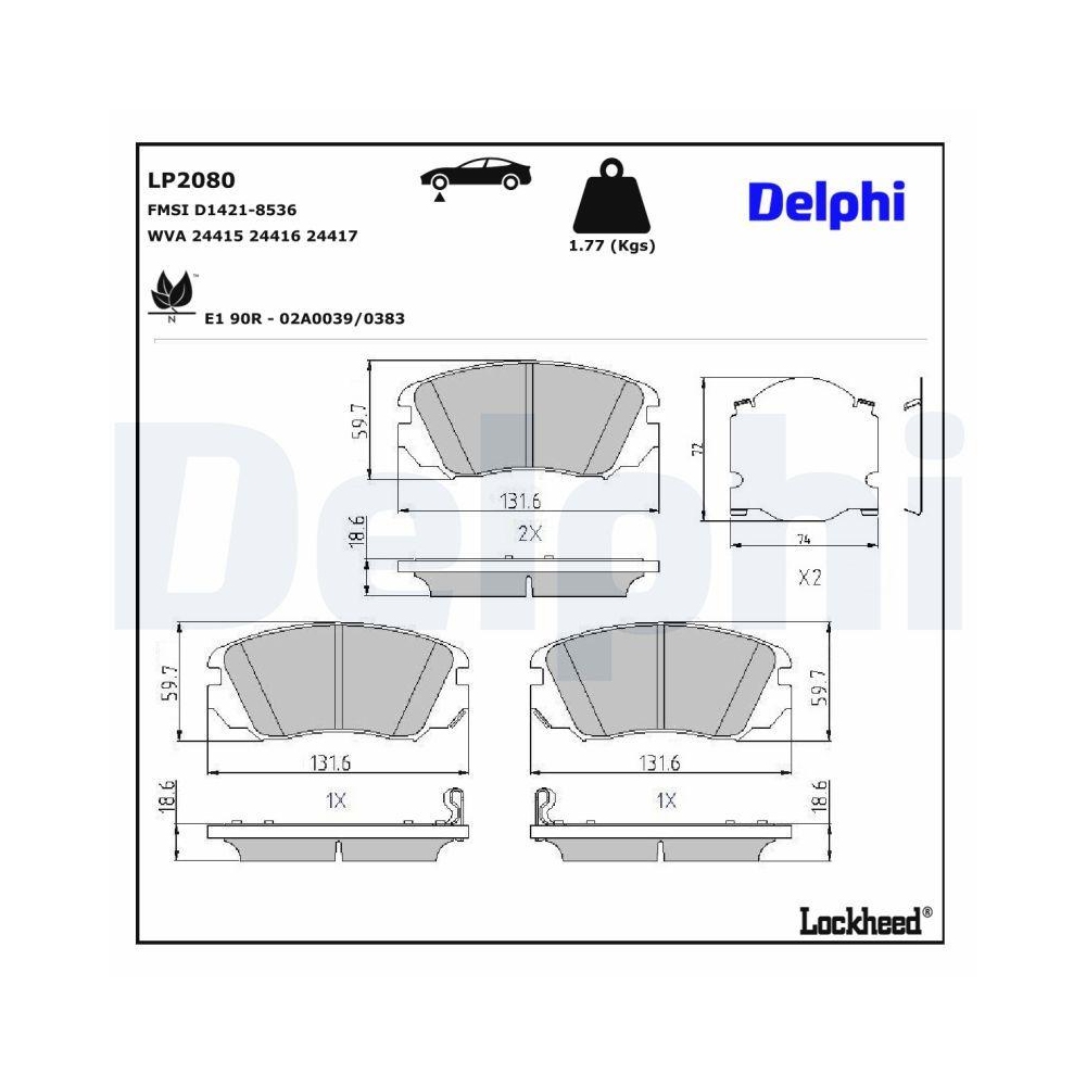 DELPHI LP2080 Bremsbelagsatz, Scheibenbremse f&uuml;r OPEL SAAB VAUXHALL CHEVROLET