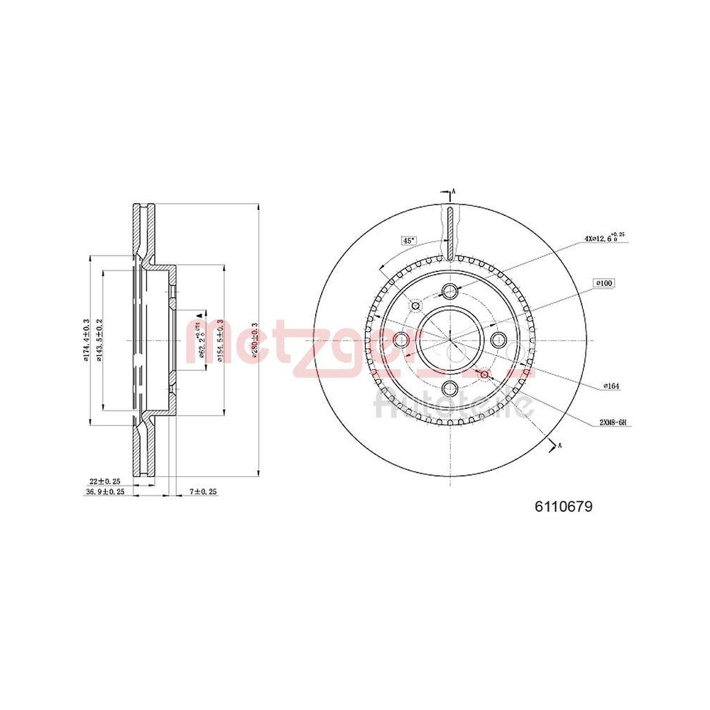 Bremsscheibe METZGER 6110679 f&uuml;r KIA, Vorderachse links, Vorderachse rechts