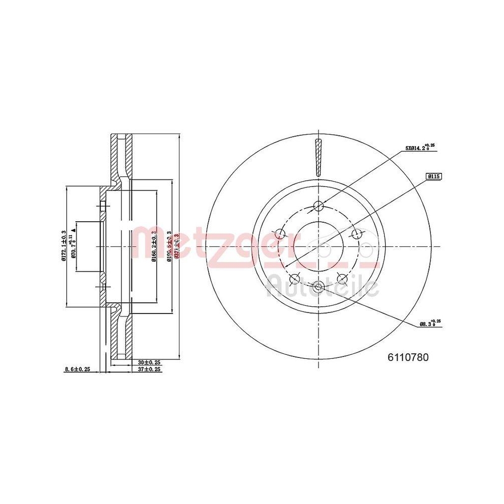 Bremsscheibe METZGER 6110780 für OPEL VAUXHALL GENERAL MOTORS, Vorderachse links