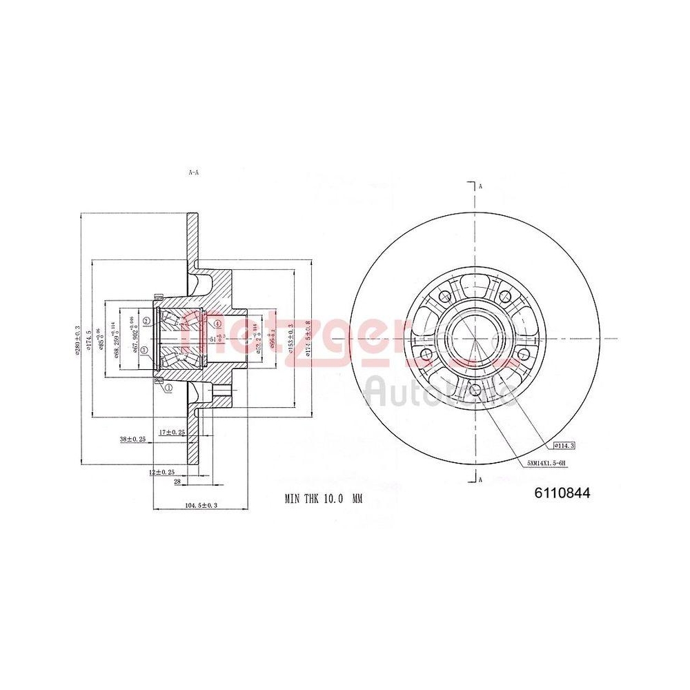 Bremsscheibe METZGER 6110844 für FIAT NISSAN OPEL RENAULT VAUXHALL, Hinterachse