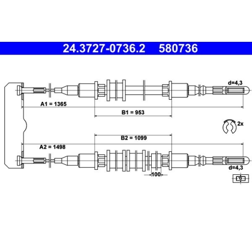 Seilzug, Feststellbremse ATE 24.3727-0736.2 f&uuml;r OPEL VAUXHALL, hinten