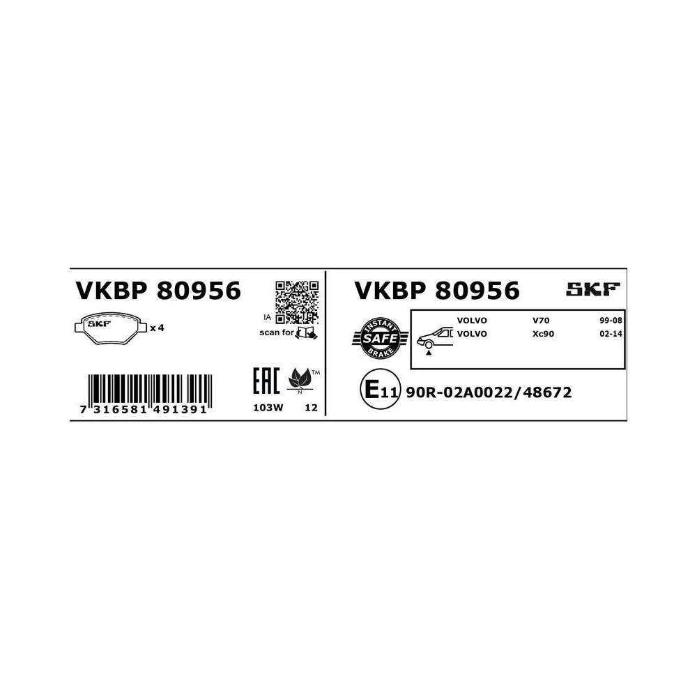 Bremsbelagsatz, Scheibenbremse SKF VKBP 80956 f&uuml;r VOLVO, Vorderachse