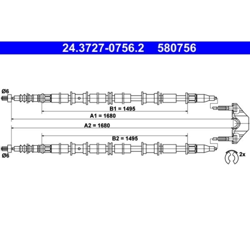 Seilzug, Feststellbremse ATE 24.3727-0756.2 f&uuml;r OPEL VAUXHALL, hinten