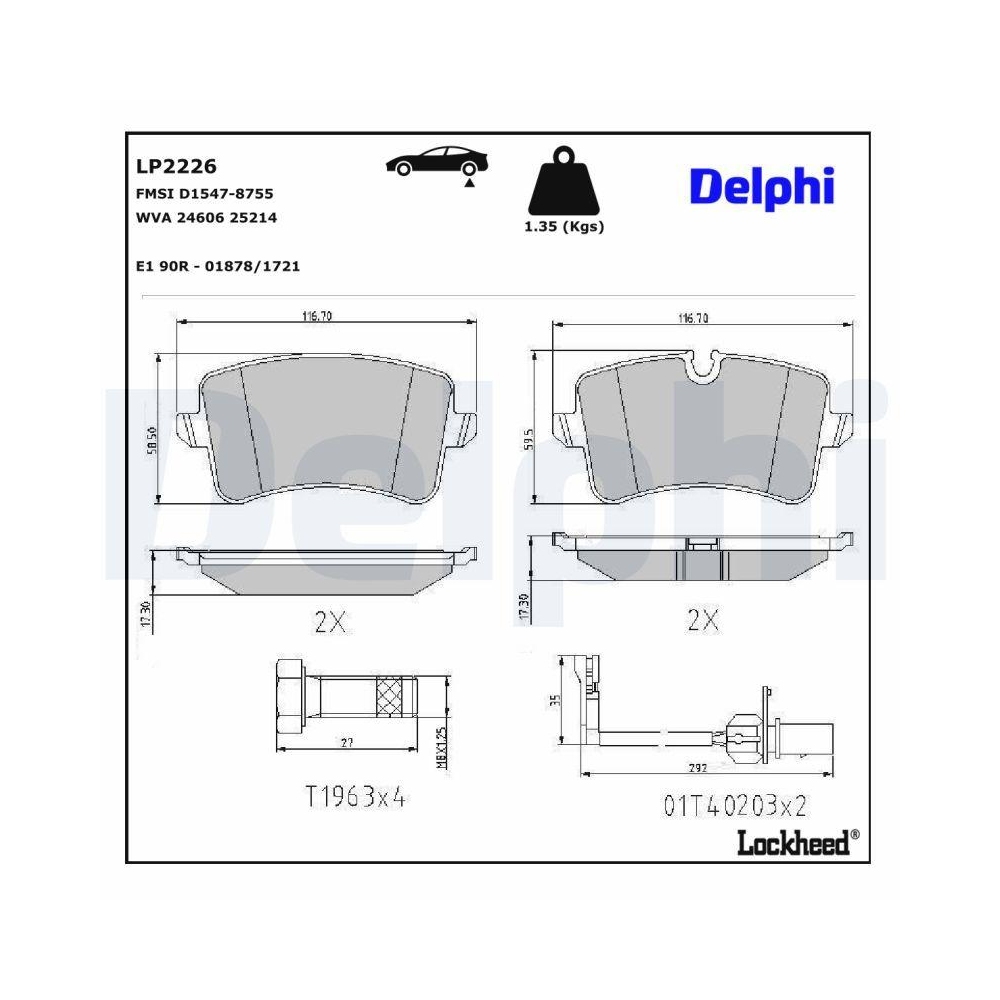 DELPHI LP2226 Bremsbelagsatz, Scheibenbremse f&uuml;r AUDI VW, Hinterachse