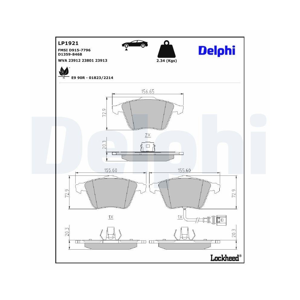 DELPHI LP1921 Bremsbelagsatz, Scheibenbremse f&uuml;r AUDI SEAT SKODA VW, Vorderachse
