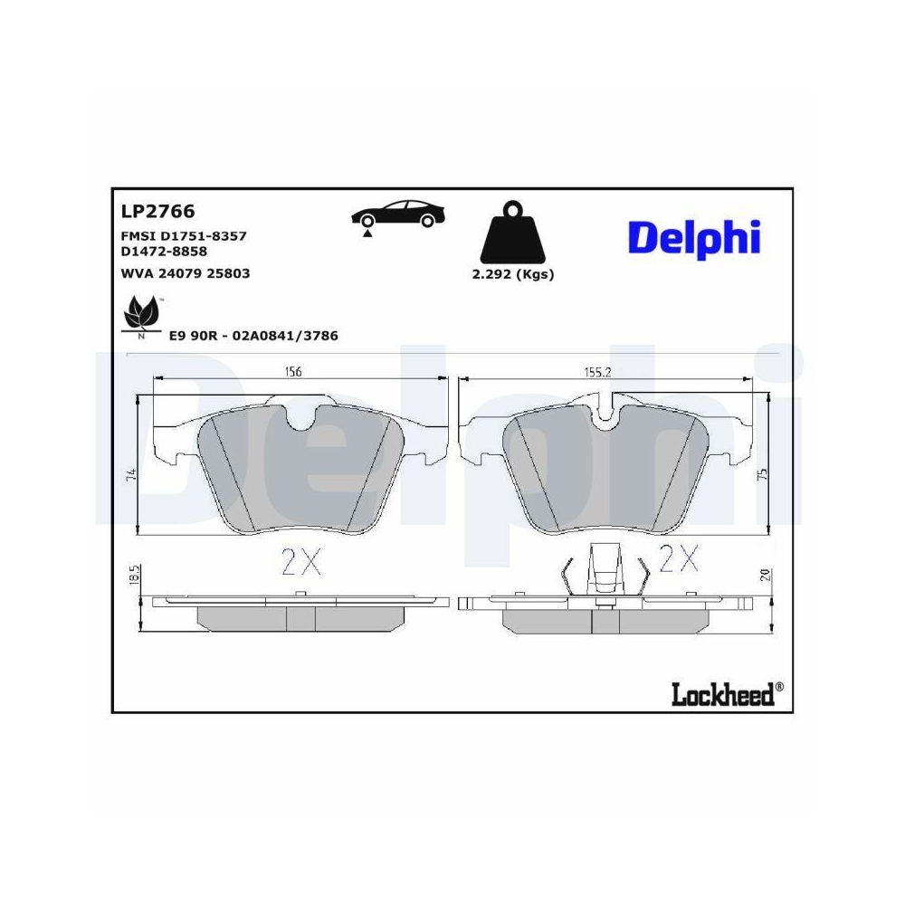 DELPHI LP2766 Bremsbelagsatz, Scheibenbremse f&uuml;r JAGUAR, Vorderachse
