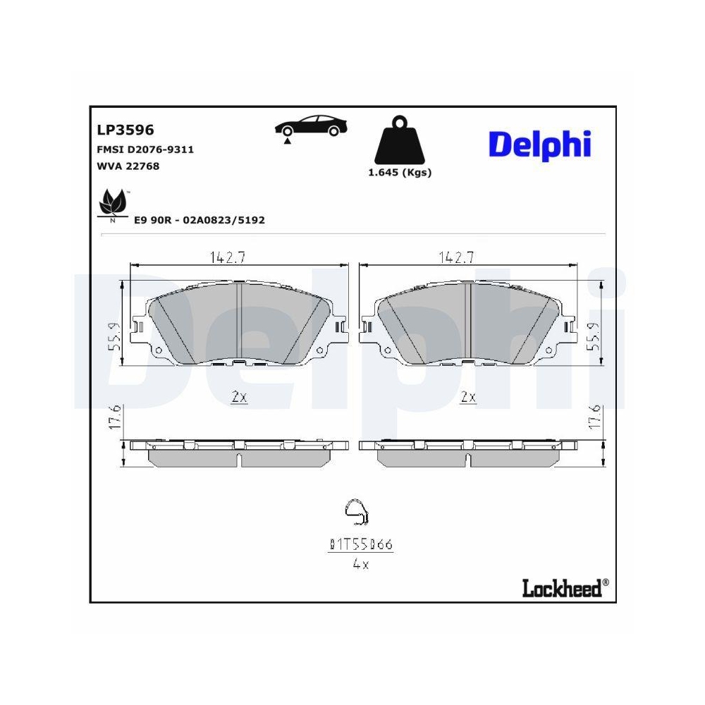 DELPHI LP3596 Bremsbelagsatz, Scheibenbremse f&uuml;r TOYOTA LEXUS, Vorderachse