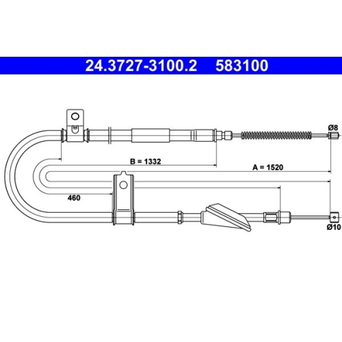Seilzug, Feststellbremse ATE 24.3727-3100.2 f&uuml;r HYUNDAI, hinten rechts