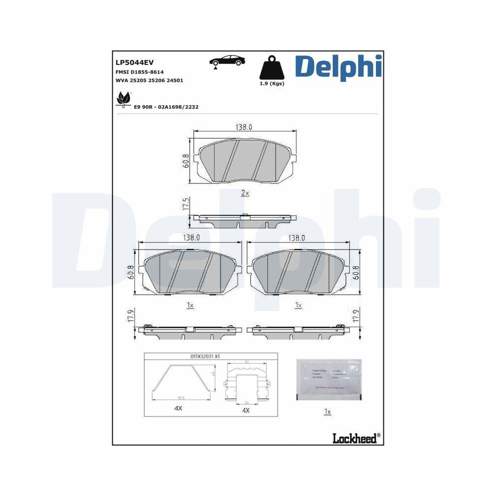DELPHI LP5044EV Bremsbelagsatz, Scheibenbremse f&uuml;r HYUNDAI KIA, Vorderachse