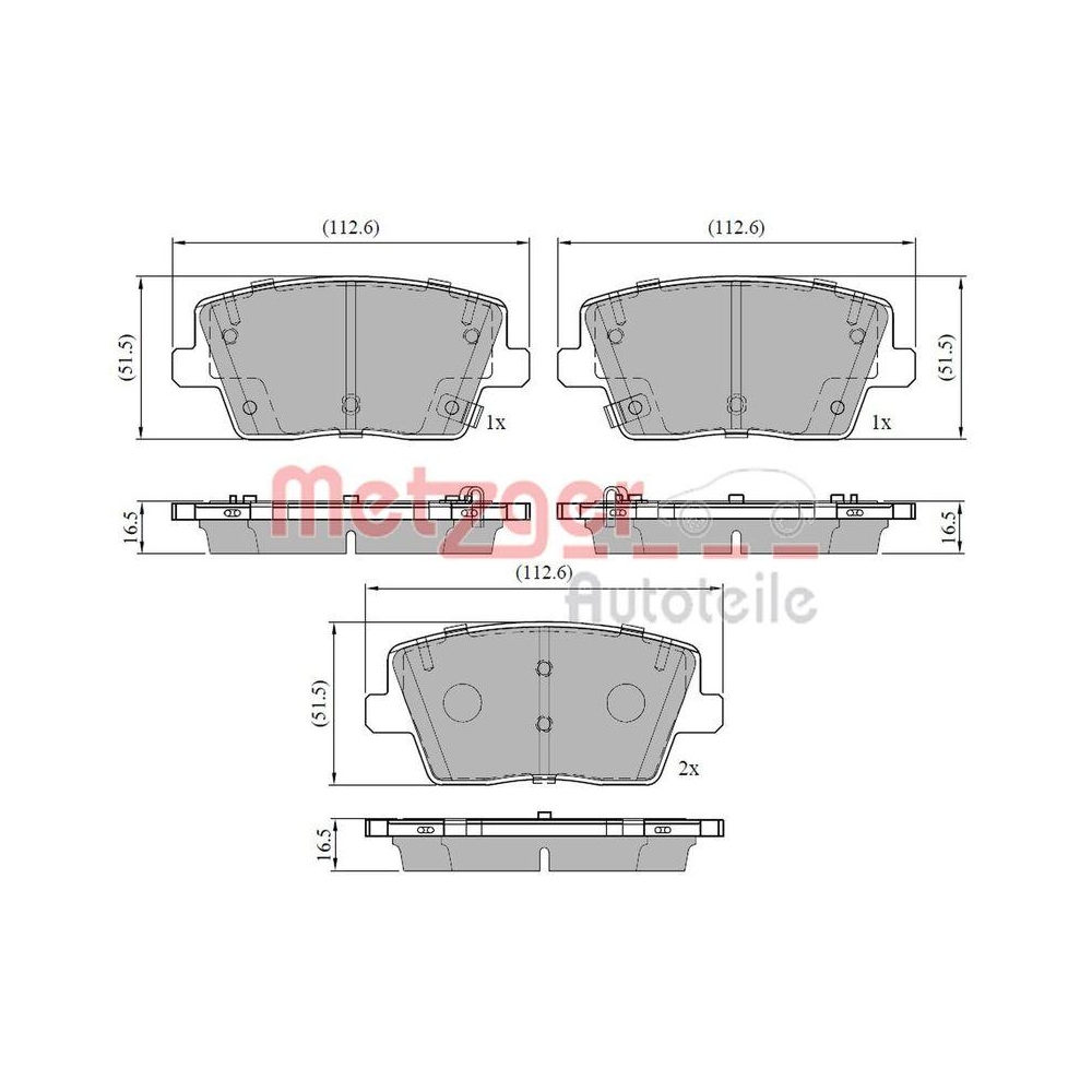 Bremsbelagsatz, Scheibenbremse METZGER 1170942 f&uuml;r HYUNDAI, Hinterachse