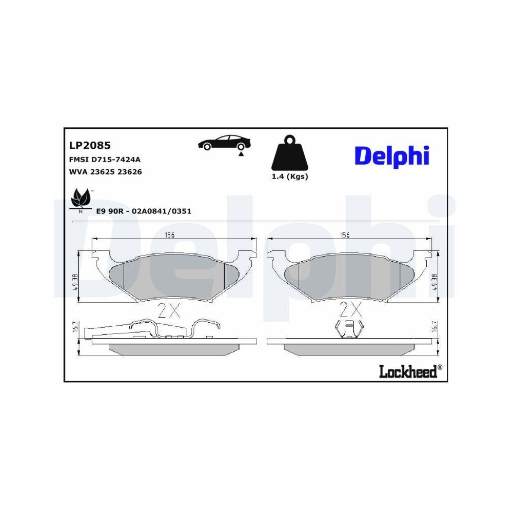 DELPHI LP2085 Bremsbelagsatz, Scheibenbremse f&uuml;r CHRYSLER DODGE MERCURY PLYMOUTH