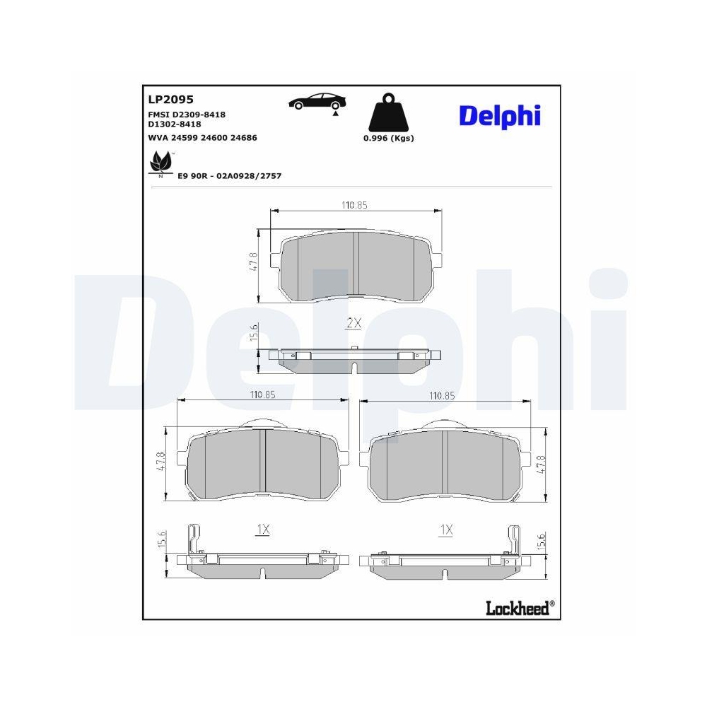 DELPHI LP2095 Bremsbelagsatz, Scheibenbremse f&uuml;r HYUNDAI KIA, Hinterachse