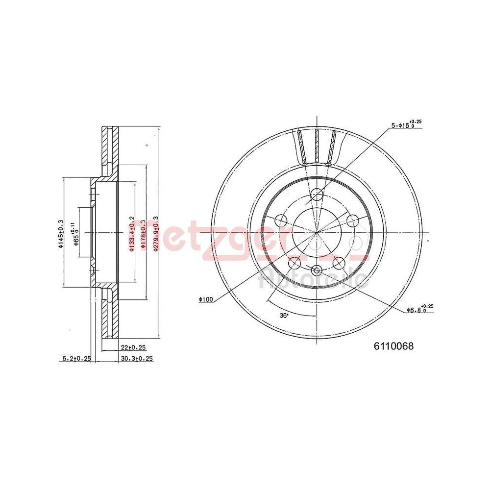 Bremsscheibe METZGER 6110068 für VAG, Vorderachse links, Vorderachse rechts