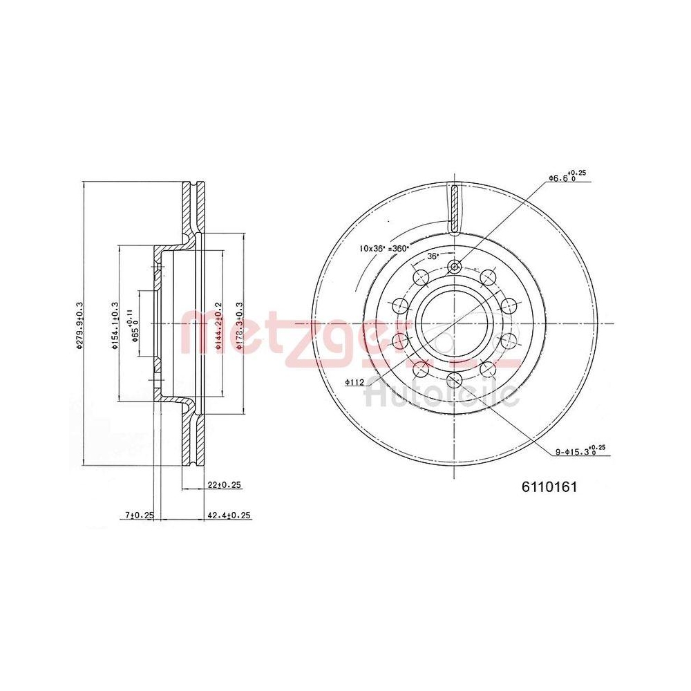 Bremsscheibe METZGER 6110161 GREENPARTS f&uuml;r VAG, Vorderachse links