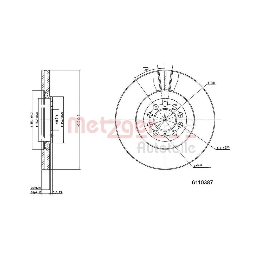 Bremsscheibe METZGER 6110387 f&uuml;r VAG ANCHI, Vorderachse links
