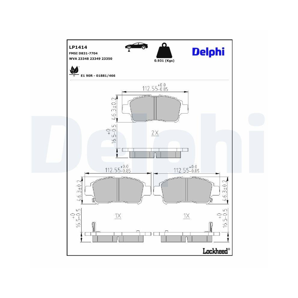 DELPHI LP1414 Bremsbelagsatz, Scheibenbremse f&uuml;r TOYOTA, Vorderachse