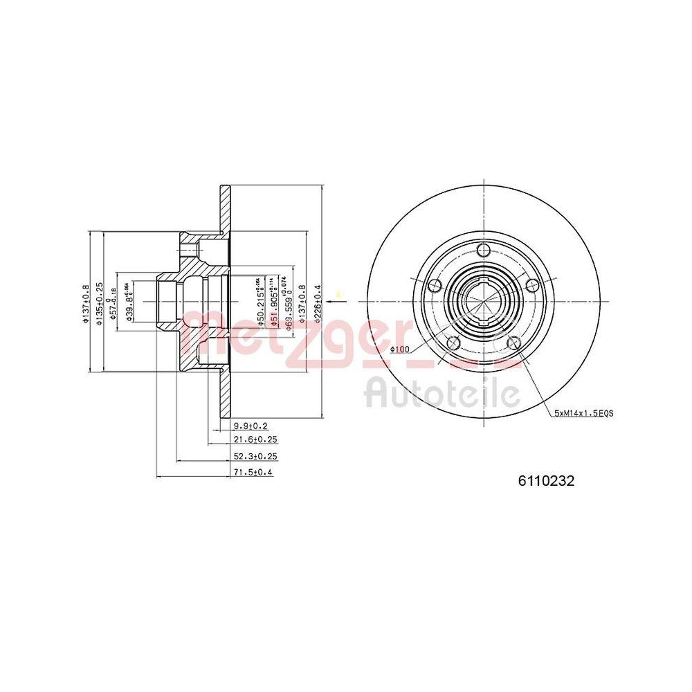 METZGER AUTOTEILE 6110232 2 St&uuml;ck Bremsscheiben f&uuml;r VAG, Hinterachse