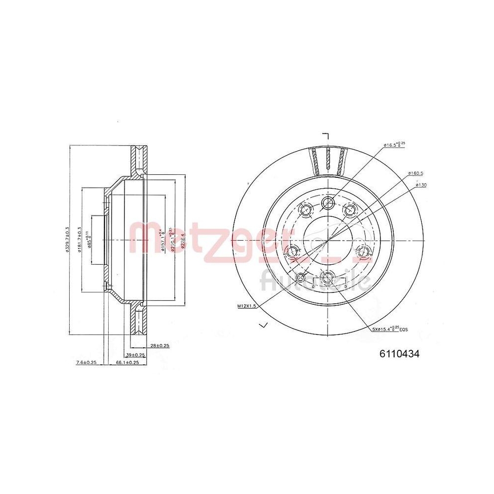 Bremsscheibe METZGER 6110434 GREENPARTS f&uuml;r PORSCHE VAG, Hinterachse
