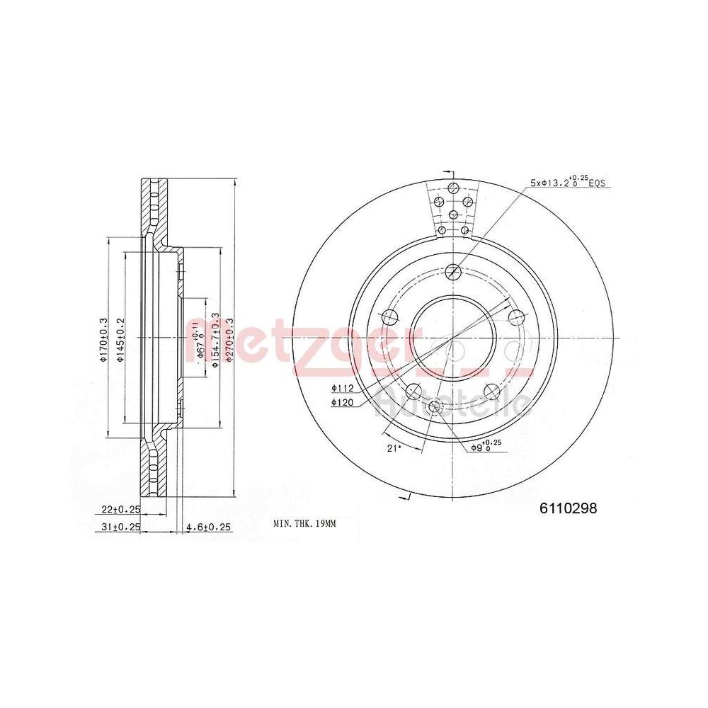 METZGER AUTOTEILE 6110298 2 St&uuml;ck Bremsscheiben f&uuml;r MERCEDES-BENZ, Vorderachse l