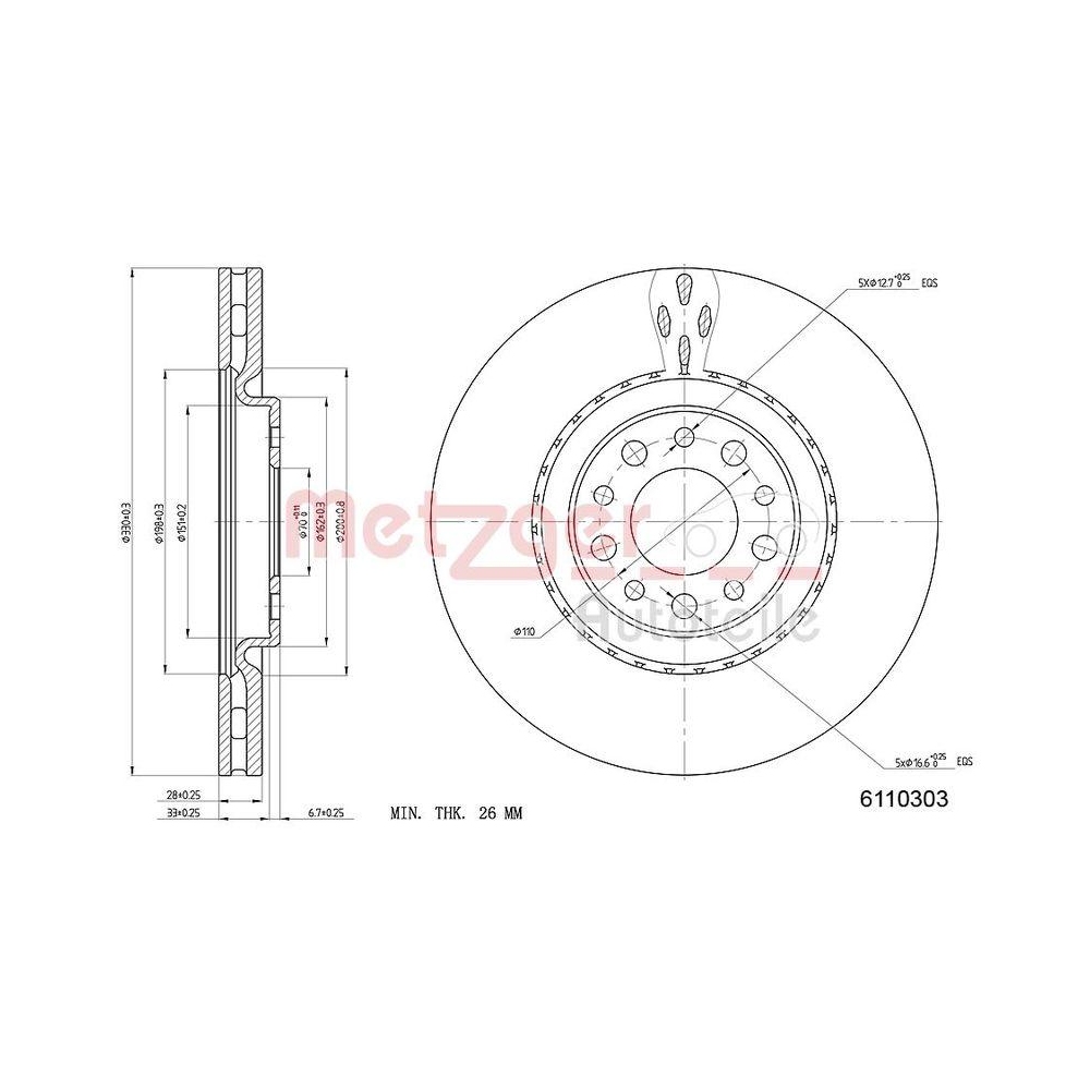 METZGER AUTOTEILE 6110303 2 St&uuml;ck Bremsscheiben f&uuml;r ALFA ROMEO JEEP, Vorderachse