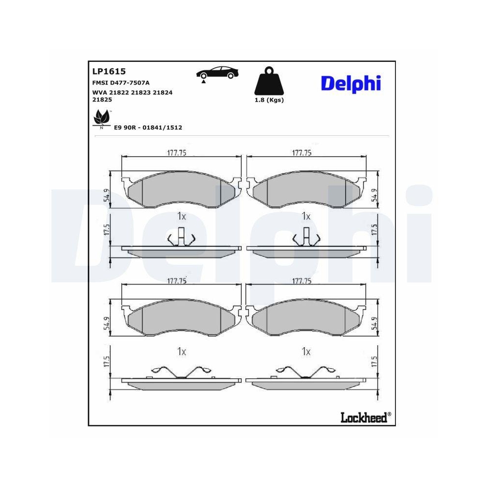DELPHI LP1615 Bremsbelagsatz, Scheibenbremse f&uuml;r RENAULT KIA JEEP, Vorderachse