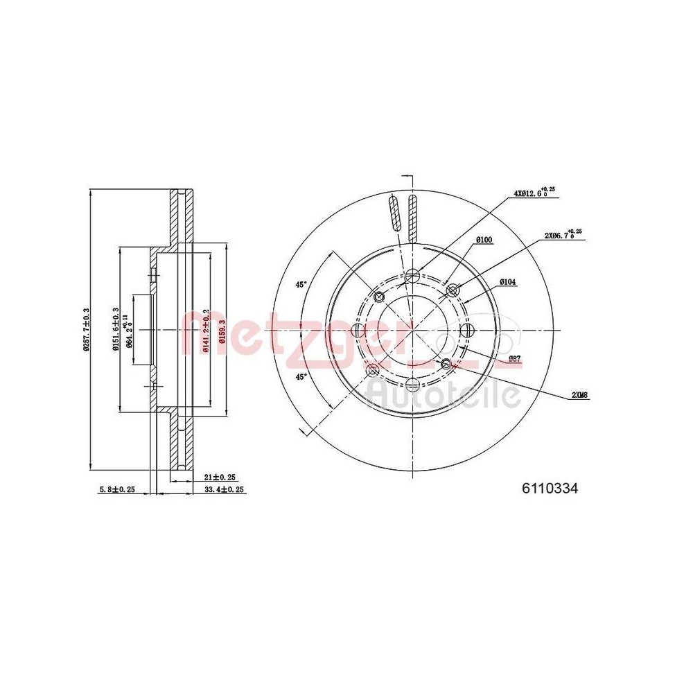 METZGER AUTOTEILE 6110334 2 St&uuml;ck Bremsscheiben f&uuml;r HONDA, Vorderachse links