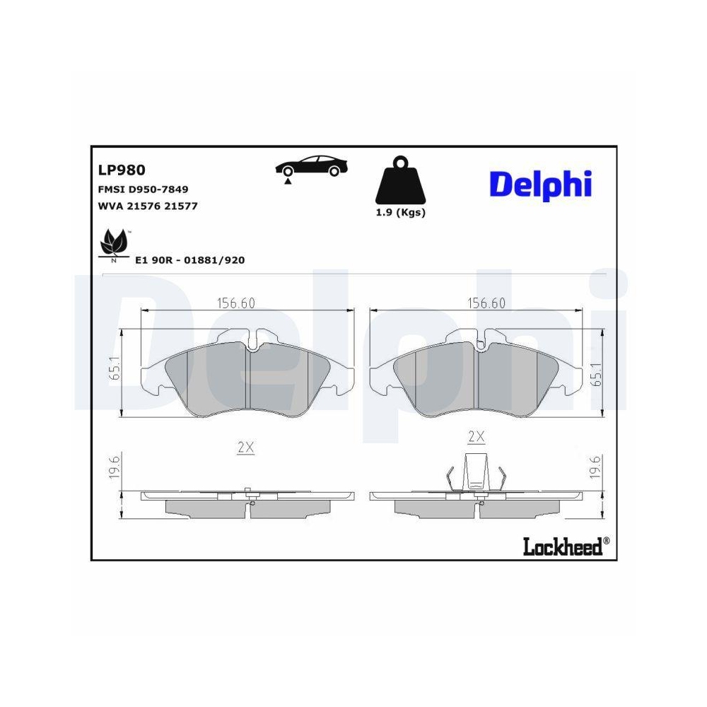 DELPHI LP980 Bremsbelagsatz, Scheibenbremse f&uuml;r MERCEDES-BENZ VW, Vorderachse