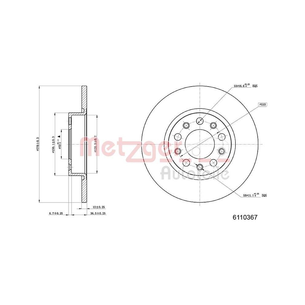 METZGER AUTOTEILE 6110367 2 St&uuml;ck Bremsscheiben f&uuml;r ALFA ROMEO CHRYSLER FIAT JEE
