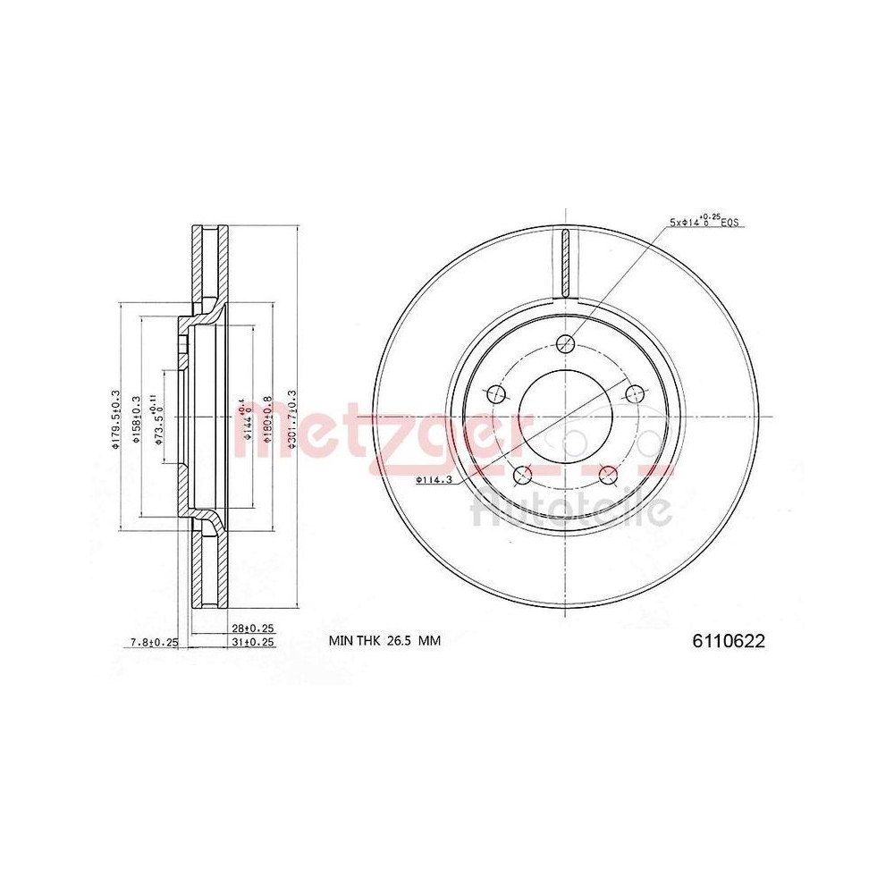 METZGER AUTOTEILE 6110622 2 St&uuml;ck Bremsscheiben f&uuml;r CHRYSLER DODGE, Vorderachse