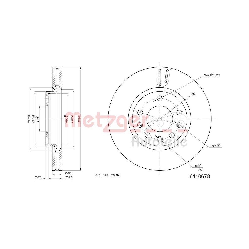 METZGER AUTOTEILE 6110678 2 St&uuml;ck Bremsscheiben f&uuml;r OPEL, Vorderachse links