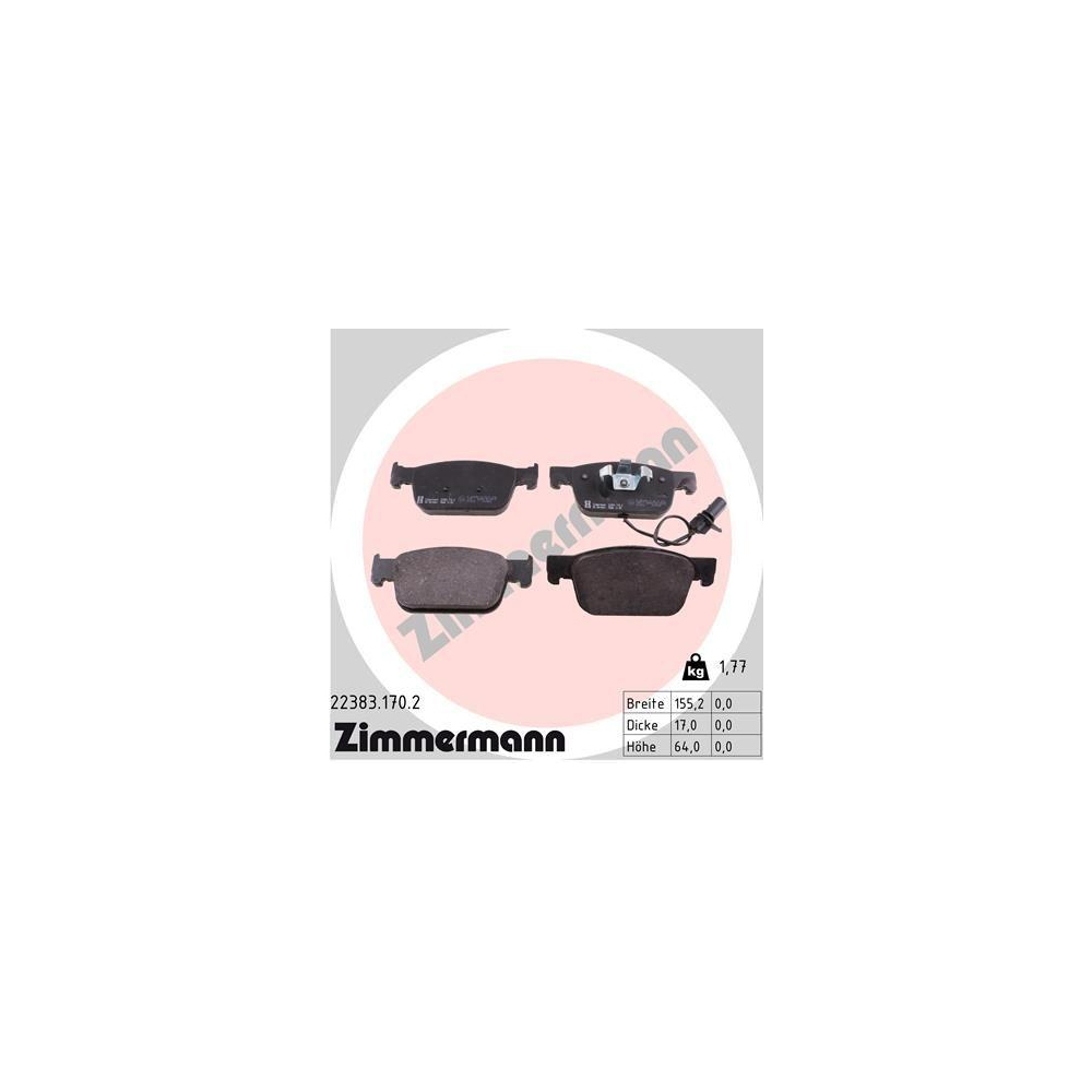 Bremsbelagsatz, Scheibenbremse ZIMMERMANN 22383.170.2 f&uuml;r AUDI, Vorderachse