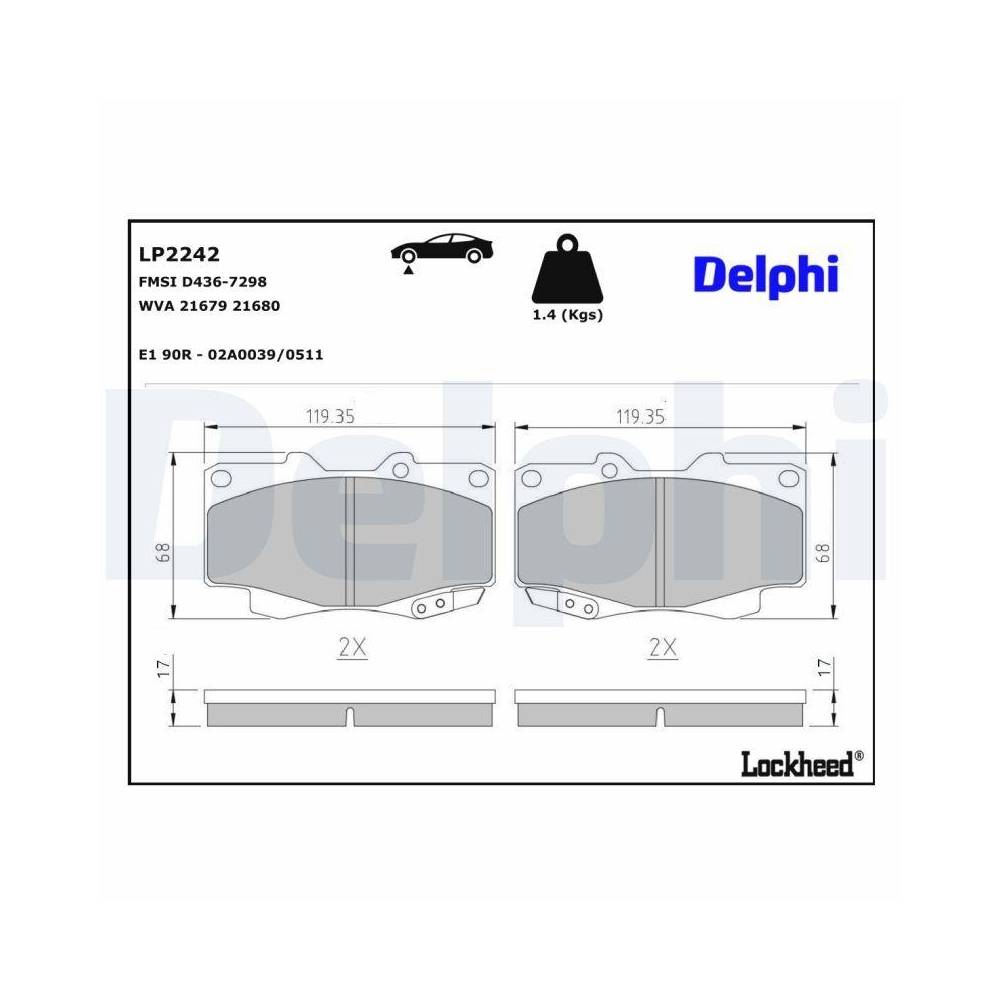 DELPHI LP2242 Bremsbelagsatz, Scheibenbremse f&uuml;r TOYOTA, Vorderachse