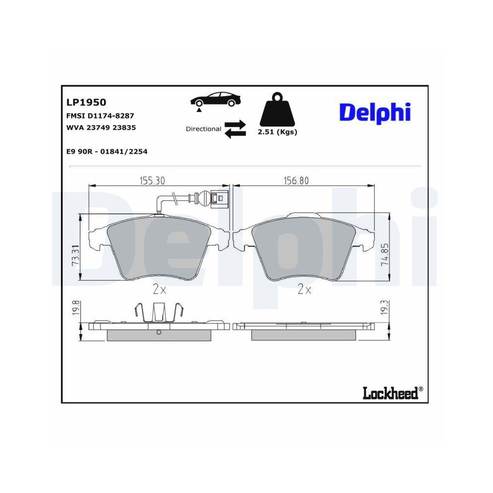 DELPHI LP1950 Bremsbelagsatz, Scheibenbremse f&uuml;r VW, Vorderachse
