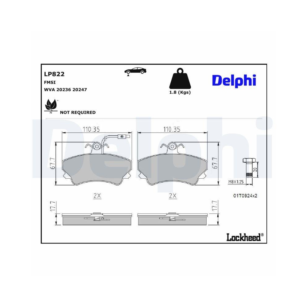 DELPHI LP822 Bremsbelagsatz, Scheibenbremse f&uuml;r RENAULT, Vorderachse