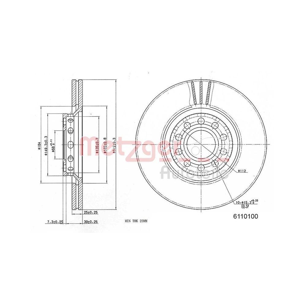 Bremsscheibe METZGER 6110100 f&uuml;r VAG CARDI, Vorderachse links
