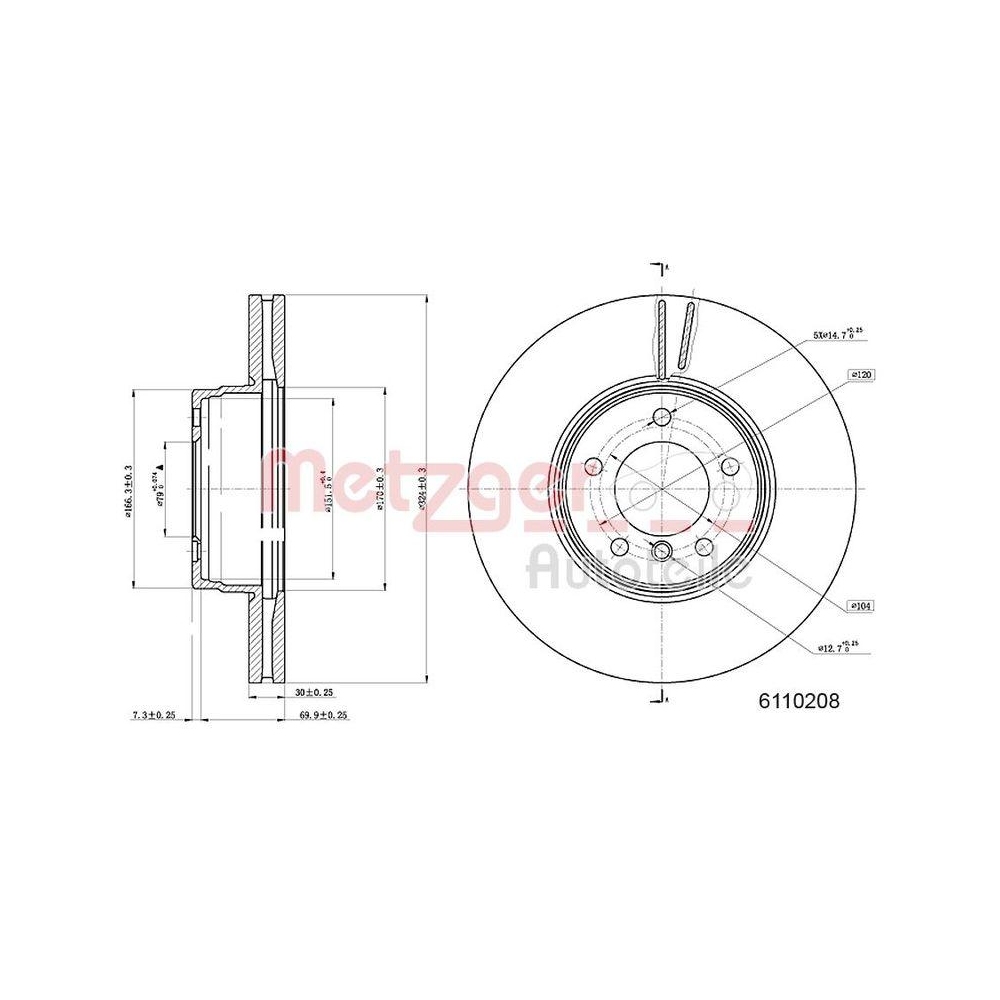 Bremsscheibe METZGER 6110208 f&uuml;r BMW, Vorderachse links, Vorderachse rechts