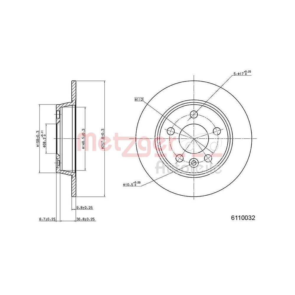 Bremsscheibe METZGER 6110032 für FORD VAG PACKARD, Hinterachse